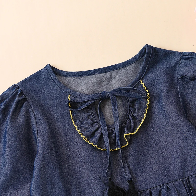 Toddler Denim Dress Ruffle Long Sleeve Dress Girls Fall Clothes Kids Crew Neck Tie-Up Contrast Color 2-7 Years