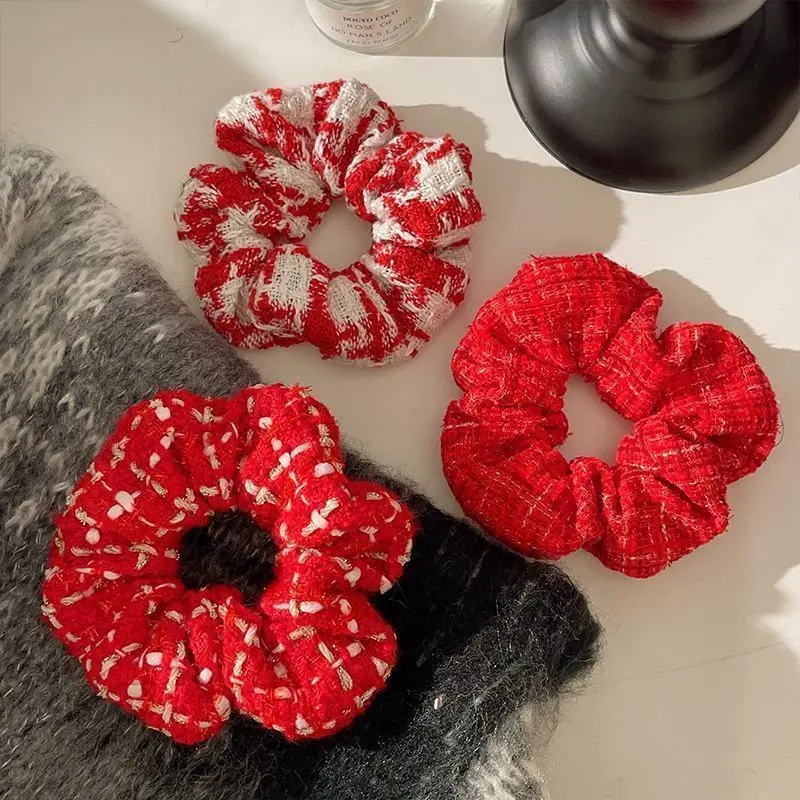 Crimson Elastic Hair Scrunchies Set - Stylish Winter Fashion Accessory