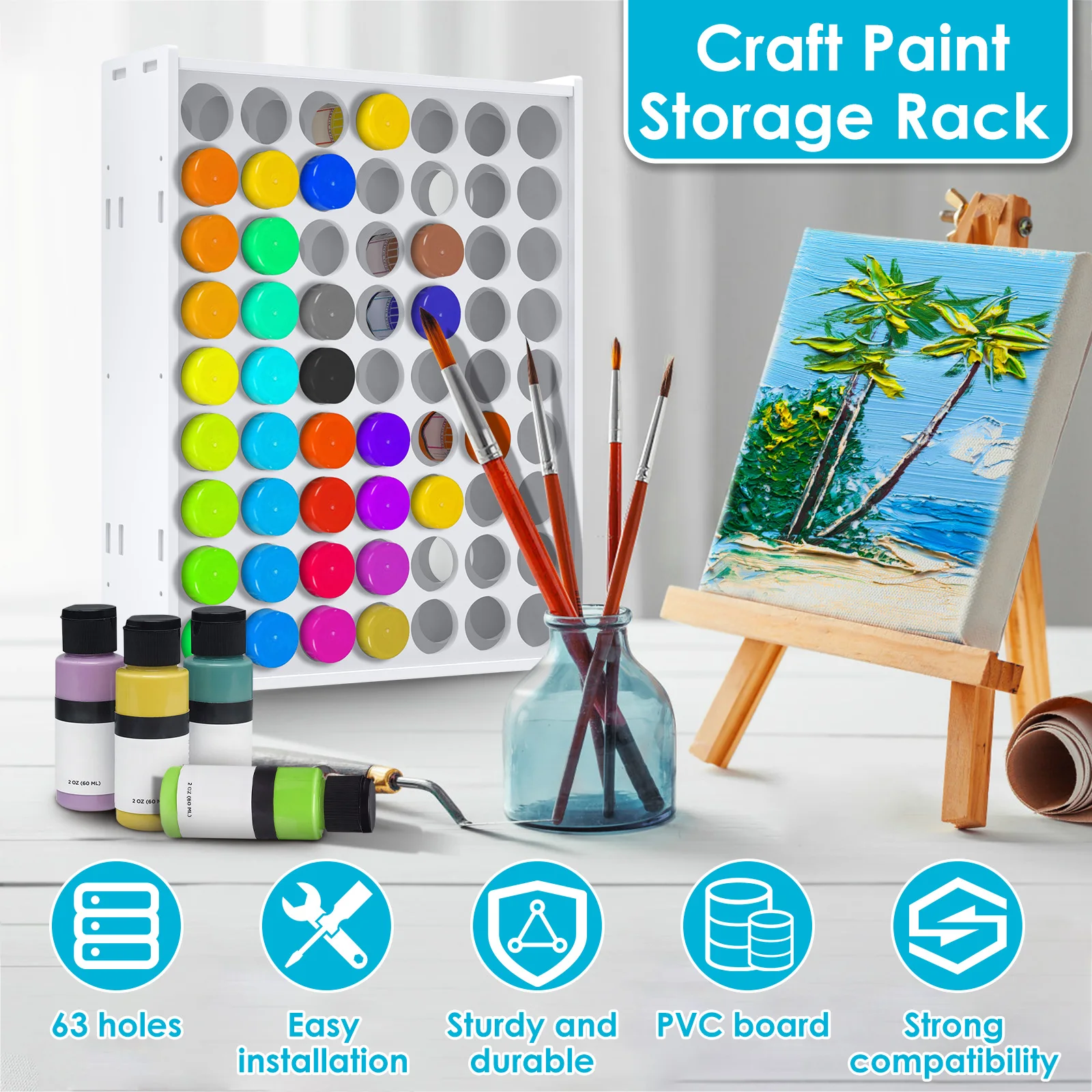 63 Hole Craft Paint Storage Organizer - Wall Mount Paint Rack For 2oz Bottles