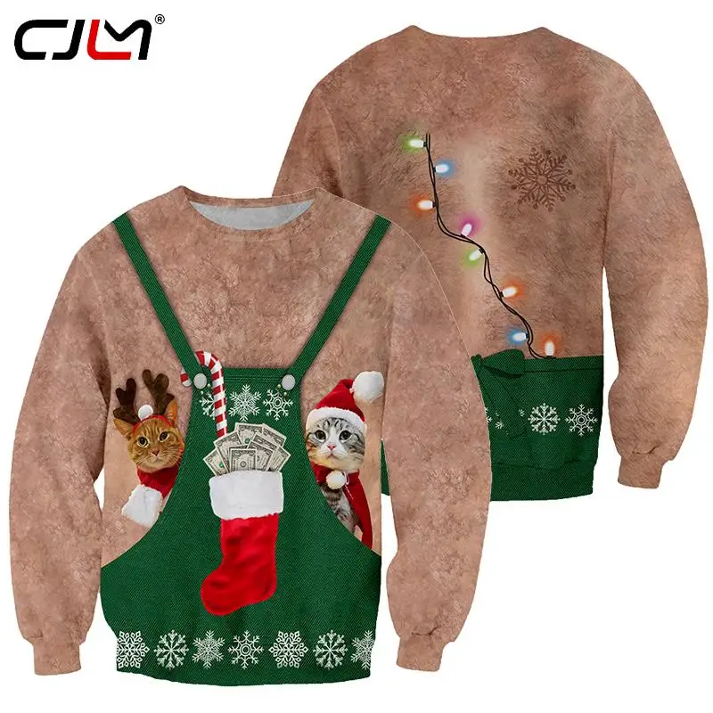 

2024 модный трендовый осенне-зимний Рождественский свитер с круглым вырезом и принтом милого котенка, рождественские чулки, свитшот с рисунком