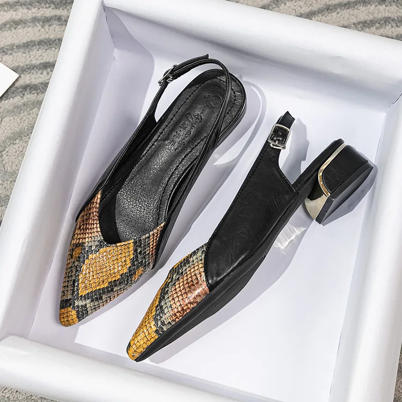 

Women Piont Toe Summer Modern Sandals Snakeskin Pattern Leather Mixed Colors Back Strap Confortable Low Heel Office Shoes 700-1