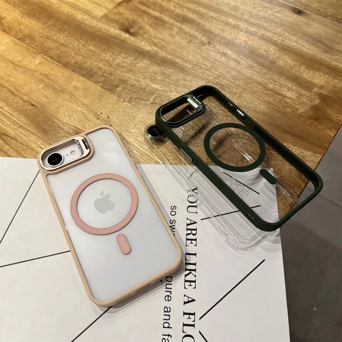 Magsafe-Compatible Clear Case with Metal Camera Frame Stand & Lens Protector