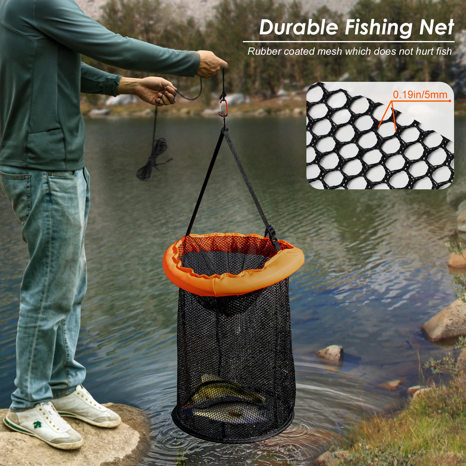 Description Picture 4 of itemTHKFISH Fish Shrimp Basket Portable Fishing Bucket Quick Dry Mesh Storage Bag Fishing Net Anti-jump Net Lobster Pocket