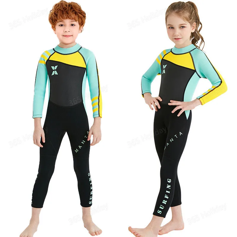 Boys and Girls Swimsuits 2.5MM Neoprene Wetsuit Sun Protection Long Sleeve Diving Suit One-Piece Surf Suit for Youth Children
