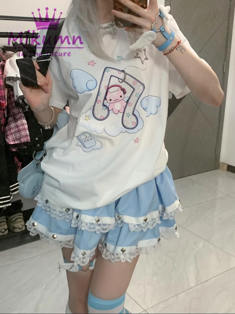 Japanese Kawaii Angel Cat Print T-shirts Y2k Aesthetic Short Sleeve T Shirts Women Harajuku Casual Cute Tees Summer Loose Tops