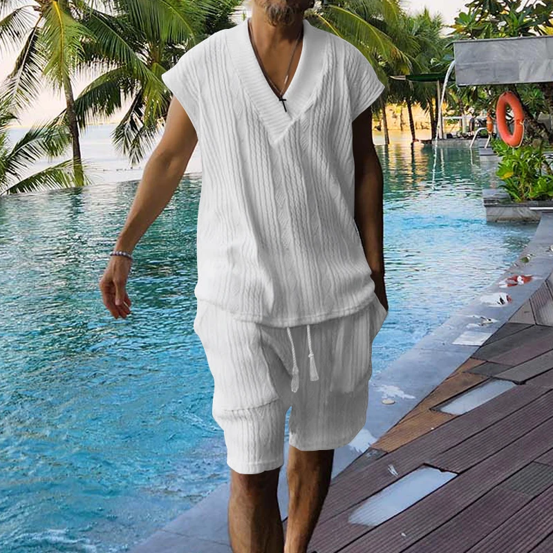 2024 Summer New Men's Set Quality Jacquard Knit Casual Sleeveless V-neck Vest Top Shorts Two-piece Men's Clothing Free Shipping S1f6e8d5f338e46e5b7eb9b5aa0582ac3U