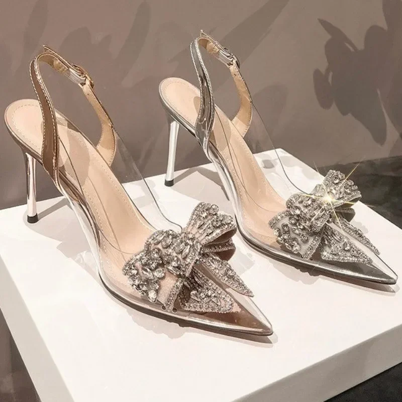New High-heeled Sandals Women's Stiletto Pointy Crystal Shiny Rhinestones Retro Transparent Bridal Wedding Shoe Luxury Brands 40