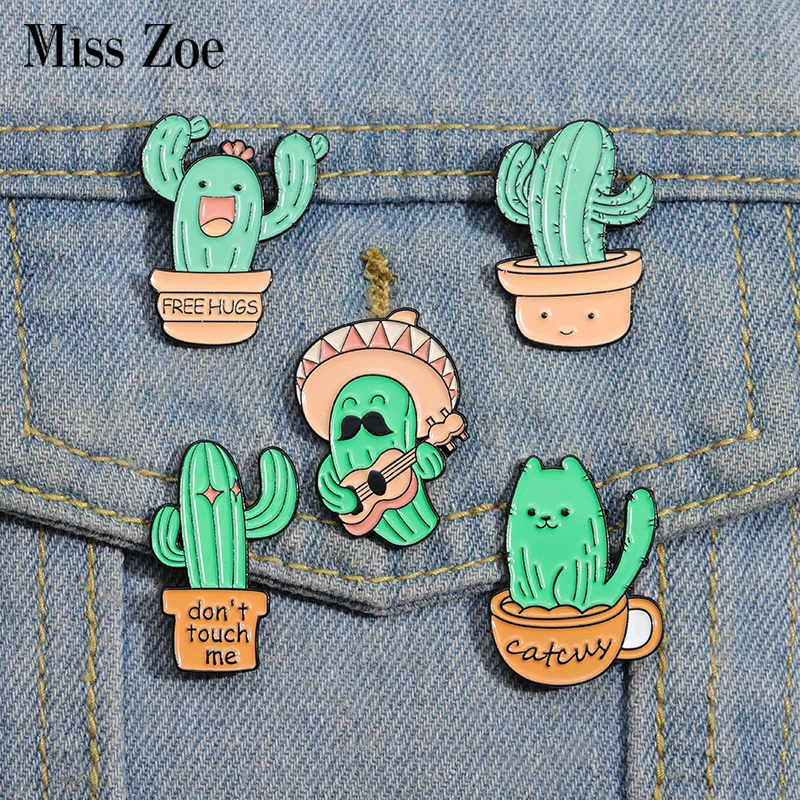 Cute Cactus Enamel Pins Custom Don't Touch Me Brooches Lapel Badges Green Plants Guitar Concert Funny Jewelry Gift for Friends