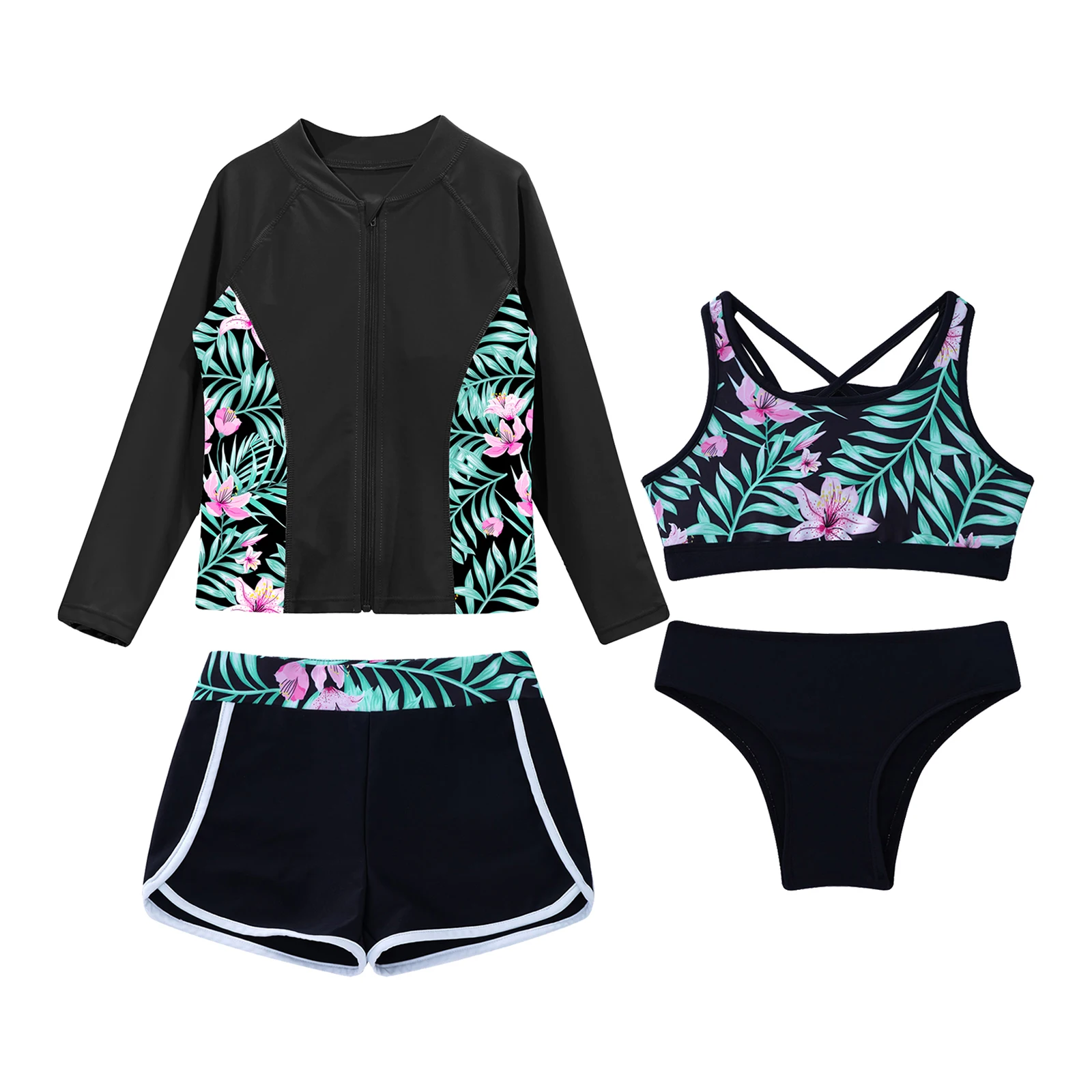Kids Girls 4 Pcs Upf 50+ Swim Cover Up Sets Long Sleeve Zip Up Rashguard Shirts Tankini Bra Brief with Shorts Athletic Swimsuit 4