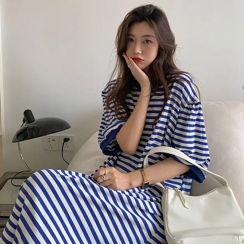

Summer New Striped Split Hem Loose T Shirt Dress Round Neck Short Sleeve All-match Midi Dress Vintage Casual Women Clothes M-2XL