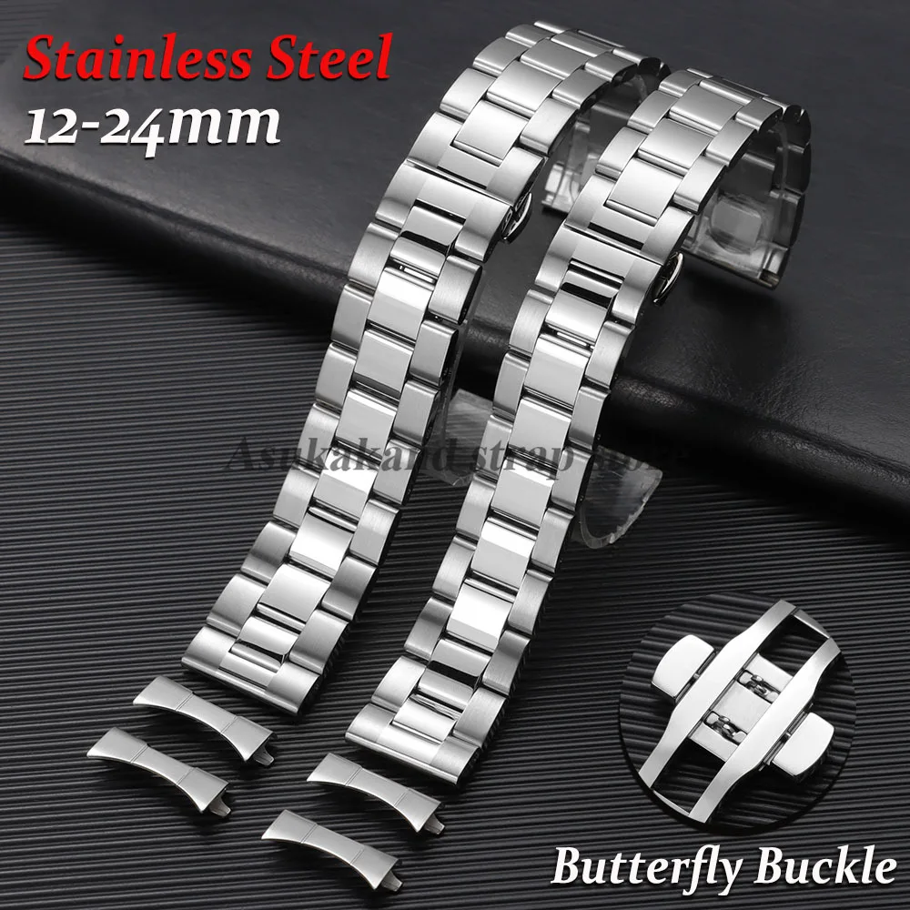 Stainless Steel Curved End Watch Band with Butterfly Buckle - Universal Fit