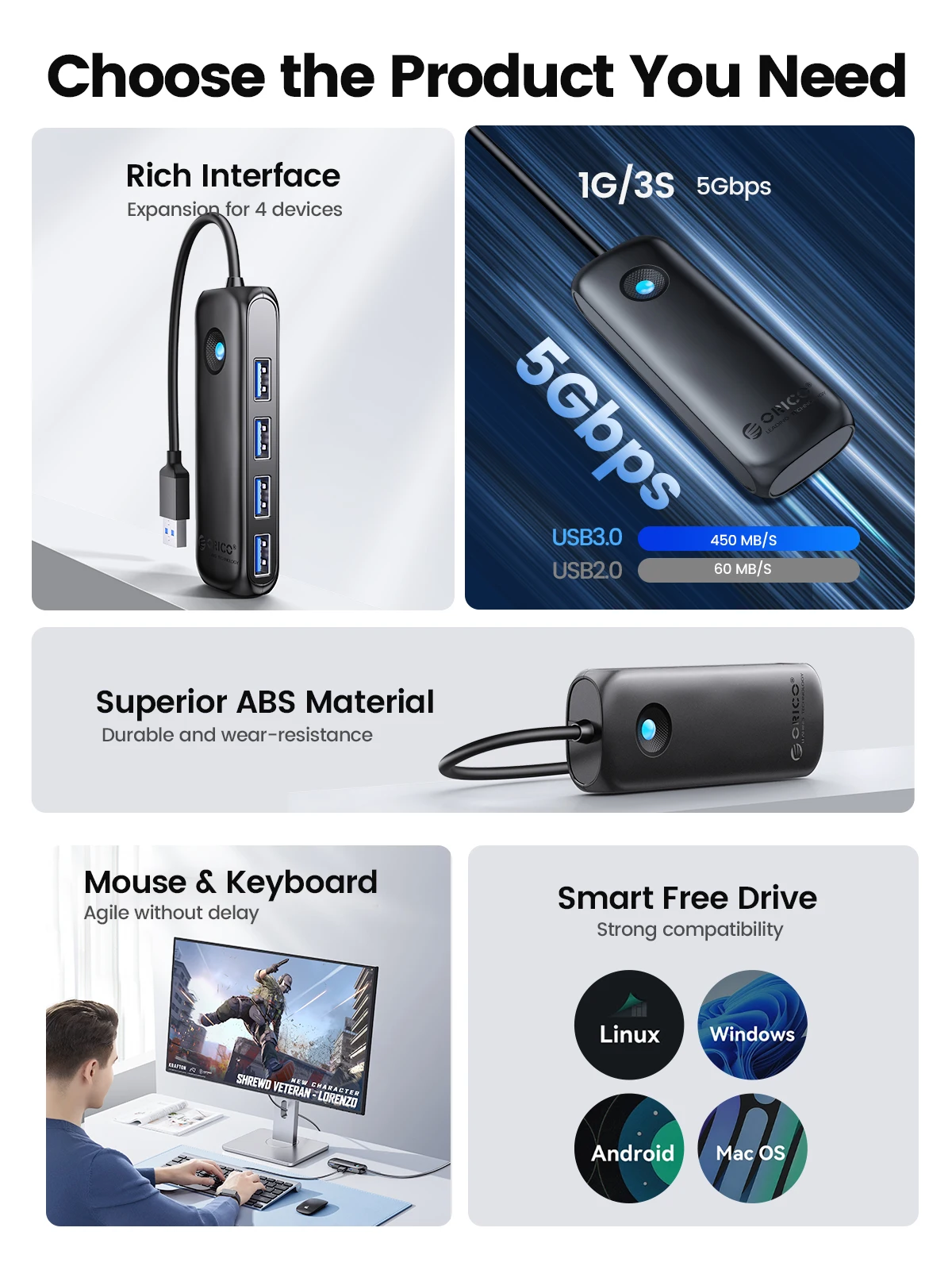 adaptador de energia, 4 portas, extensor otg, acessórios de computador