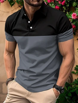 Casual Men s V Neck T-Shirt with Button Lapel and Stylish Contrast Color Design Perfect for Summer Outfits 1