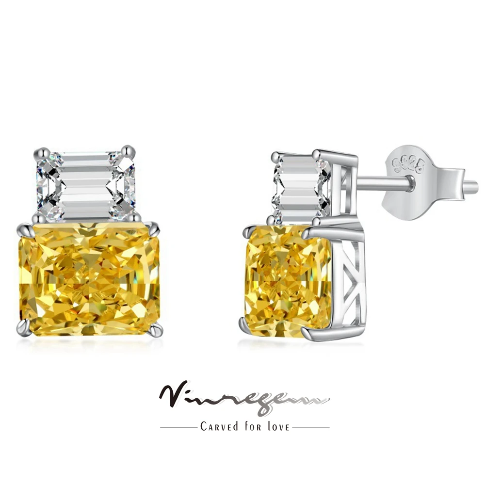 

Vinregem 8*10MM 4CT Crushed Ice Cut Lab Citrine Sapphire Gemstone Earrings Ear Studs 100% 925 Sterling Silver Jewelry Wholesale