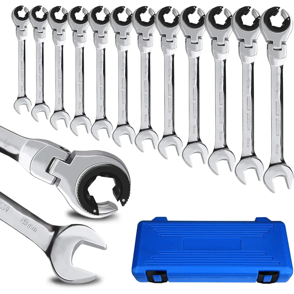 

Metric Open Flex-Head Ratcheting Wrench Combination 12 Pcs/set 8-19mm, Metric Spanner with 72 Teeth, Chrome Vanadium Steel