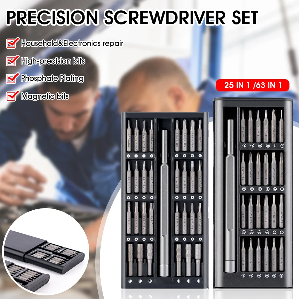 

25/63 In 1 Precision Screwdriver Set Cr-V Steel Magnetic Driver and Bits Electronics Repair Tool Kit for Phone Computers Watches