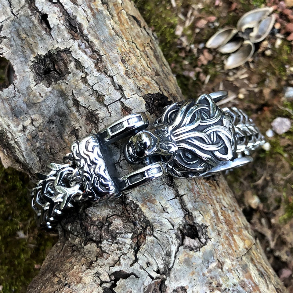 Mens Wolf Head Bracelet – Stainless Steel & Black Genuine Leather Braided Cuff - View #9