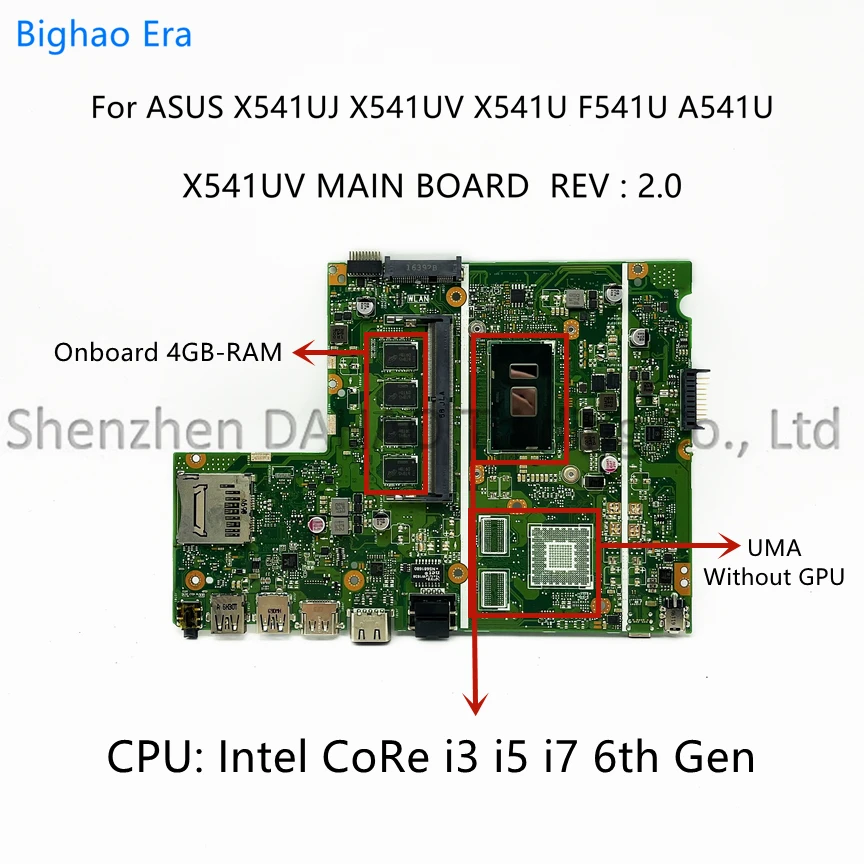 para Asus X541uj X541uv X541u F541u A541u Laptop Motherboard com I36100u I5-6198du I7-6500u Cpu Uma 4gb-ram X541uv Placa Principal