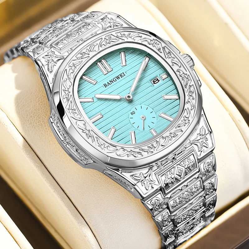 BANGWEI 2025 New Luxury Men's Quartz Wristwatch Sports Square Chronograph Clock Male Fashion Waterproof Luminous Watches For Men