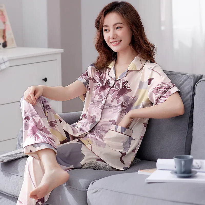Spring Summer Women's Thin Satin Pajamas Flip Collar Short Sleeve Cardigan Pants Oversized Casual Home Clothing Set