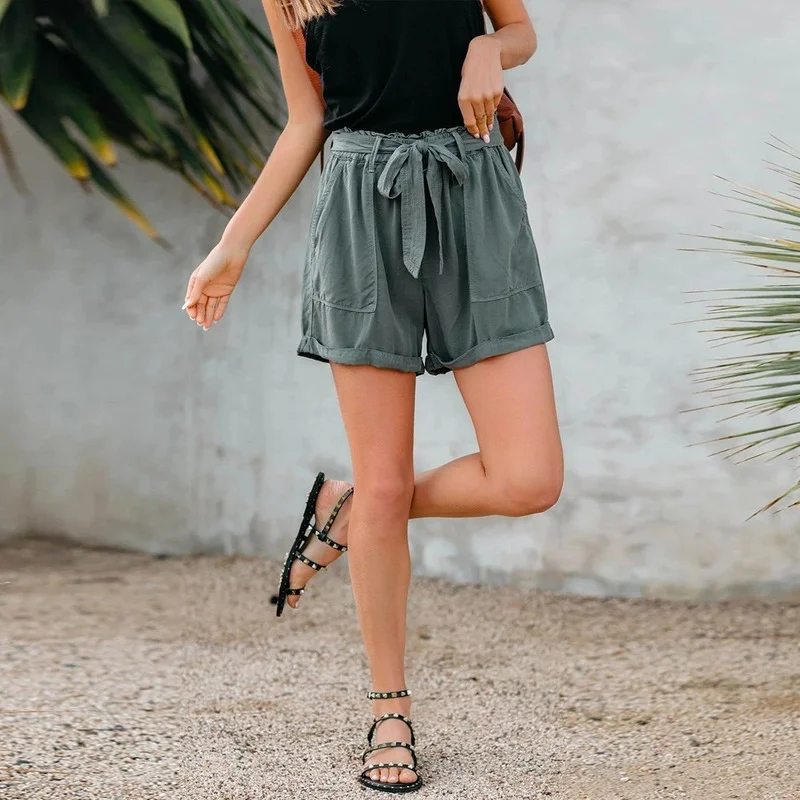 Summer New Women's Loose Shorts with Pockets Lace-up Mid-waist Solid Color Urban Casual Slimming Shorts Boho Style Streetwears