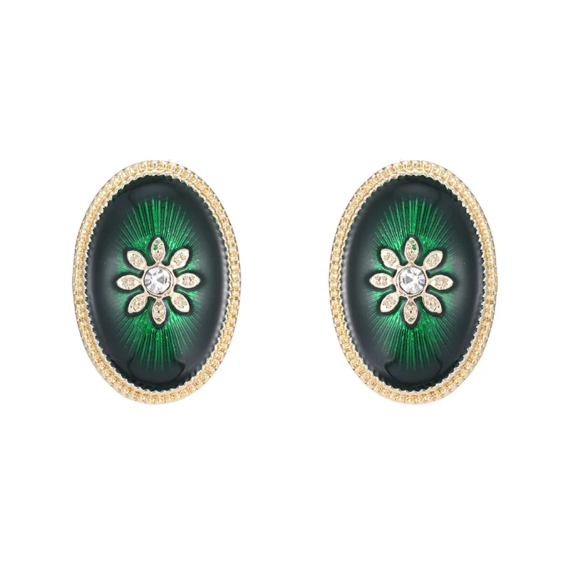 

Vintage Daisy Flower Domed Green Enamel Oval Stud Earrings for Everyday Wear