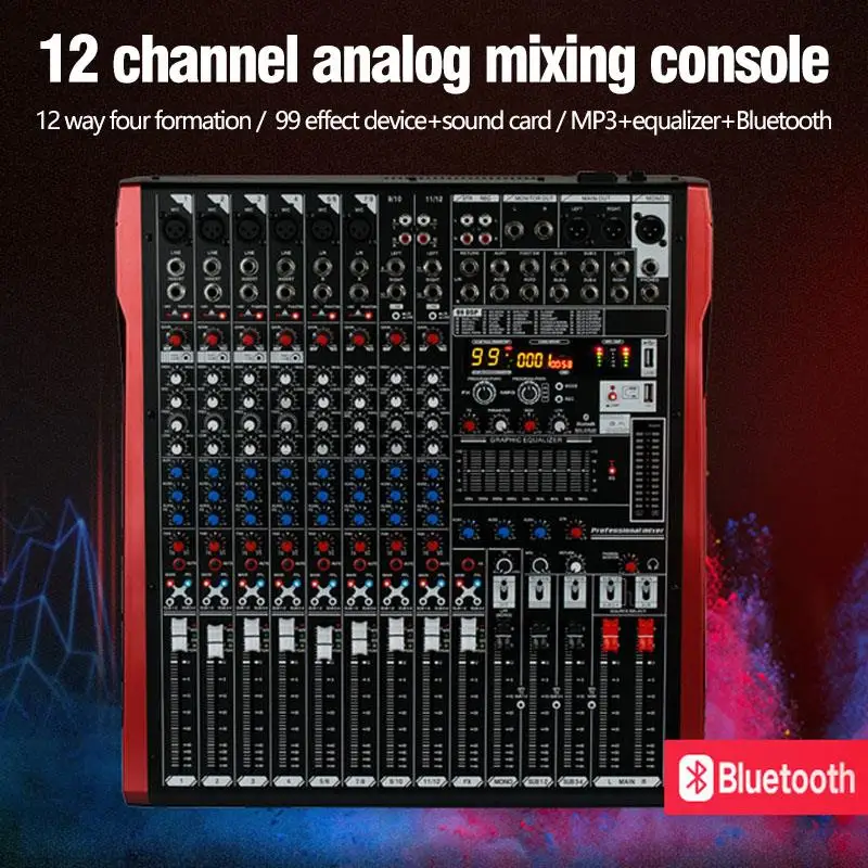 

48V Phantom Audio Mixer 99DSP Effect Console Bluetooth Professional 12 Channel Compact Mixing Desk System Stage Church Studio