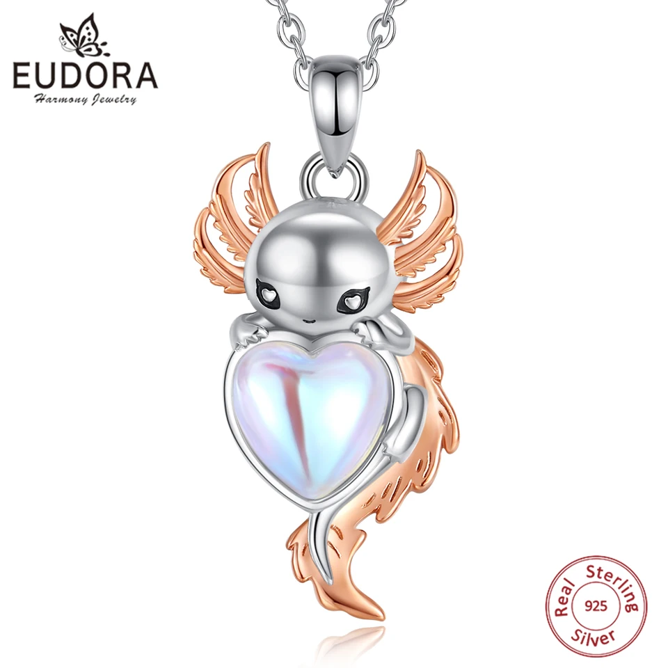 Parure De Bijoux Axolotl Avec Cœur Bleu Et Violet - Collier Et Boucles D'oreilles, Pendentif Cristal