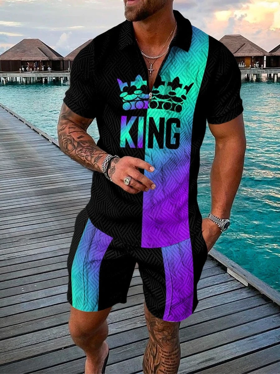 POLO de manga corta con cremallera y cortos para hombre, ropa deportiva para exteriores, traje de calle con estampado 3d novedad de verano| | - AliExpress