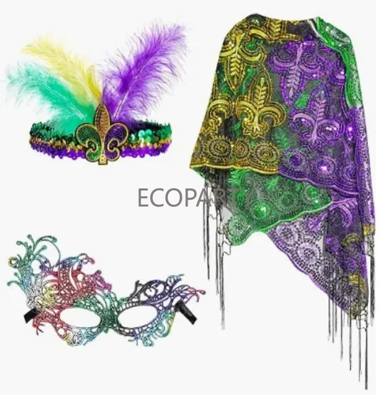 

Mardi Gras Shawl Scarf Costume with Mardi Gras Headband Masquerade Party Favor Accessories Multicoloured