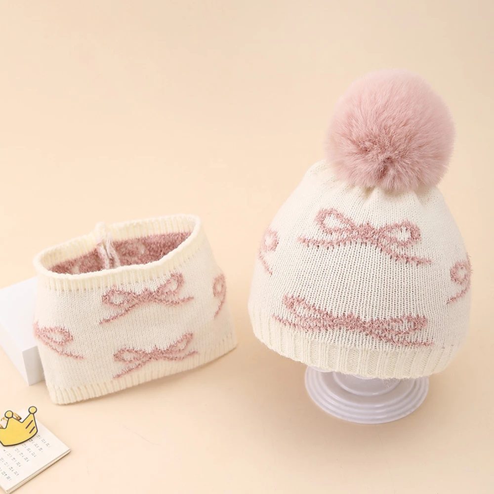 Winter Baby Hat Scarf Set Jacquard Bow Plush Warm Caps Sweet Girls Infant Beaines For Kids 6-36 Month