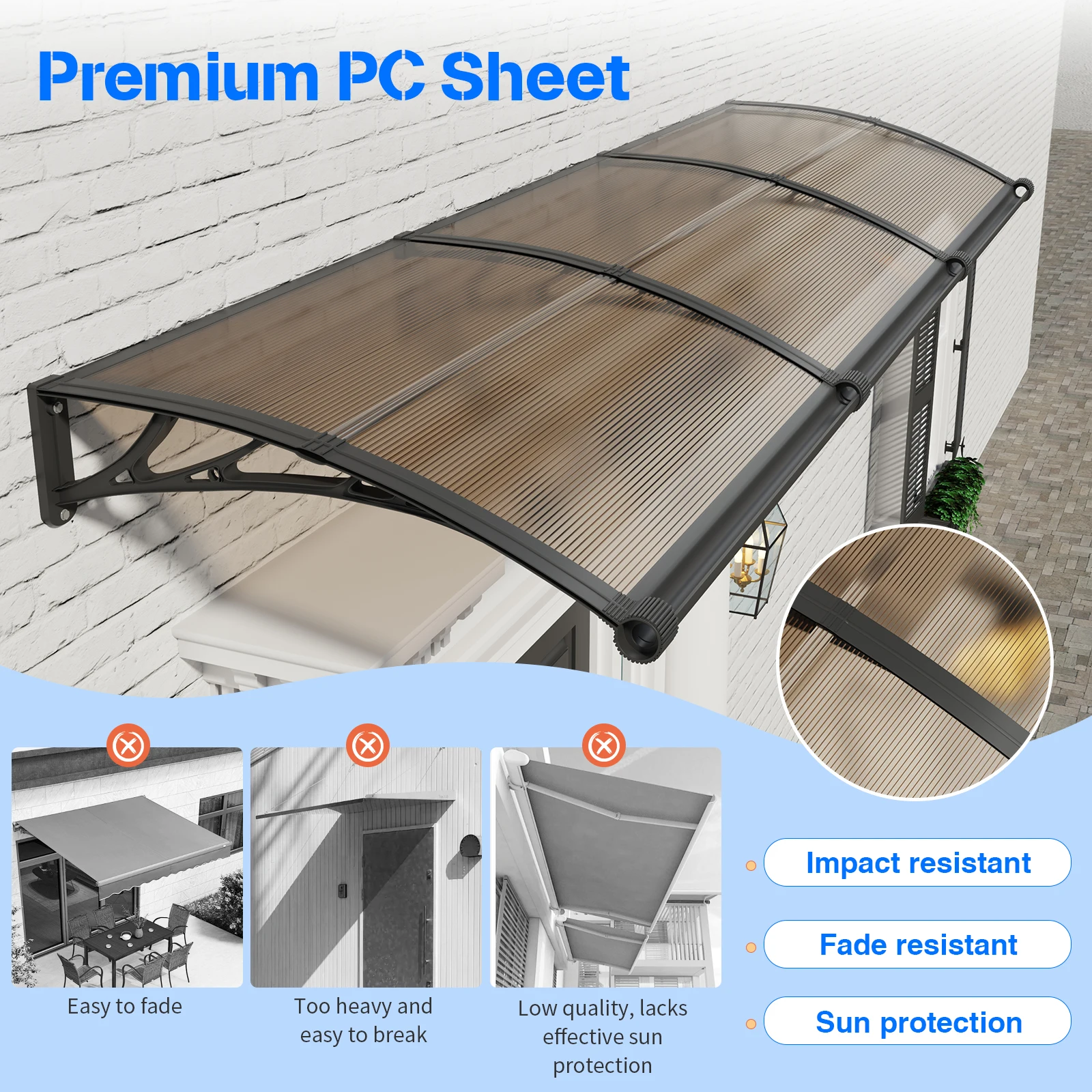 Large Sink Awning for Door Entrance Polycarbonate Window Awnings Door Canopy Sun Shade Cover Patio Yard Awning Rain Snow Cover