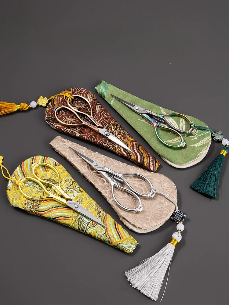 

Scissors Tea Ceremony Tea Accessories Stainless Steel Household Chinese Style Ribbon Brocade Fabric with Tassel Gradient Color