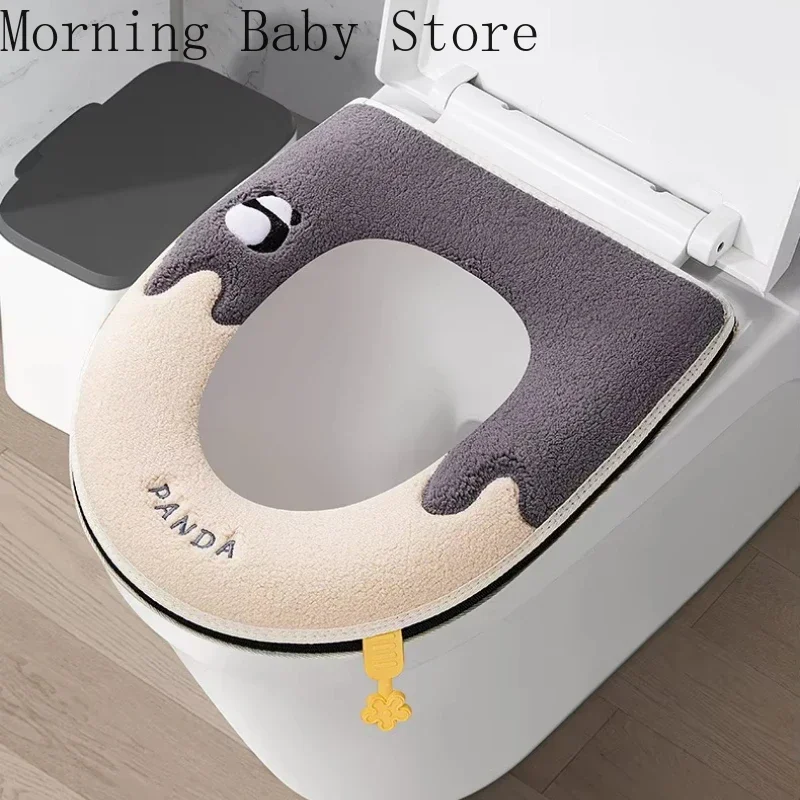 Toilet Seat Cover Warm Zipper Toilet Seat Pad Soft Cartoon Panda Thickened Toilet Seat Cover Home Wc Bathroom Accessories Universal Waterproof