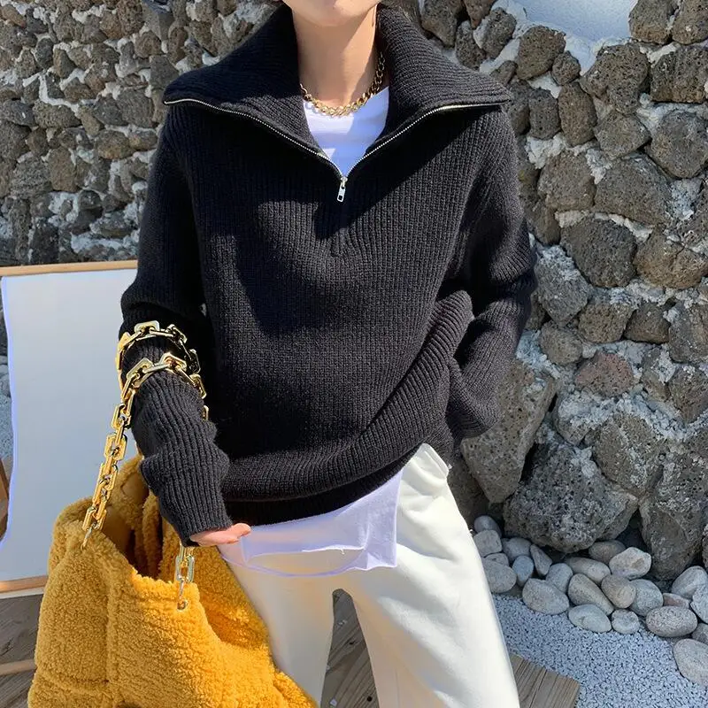 S1f7076277daf4ef287b7297eb911f55fR Winter Women's Turtleneck Knitted Fashion Zippers Sweaters Oversized Solid Gray Black Casual Long Sleeve Pullovers for Women Mallzona