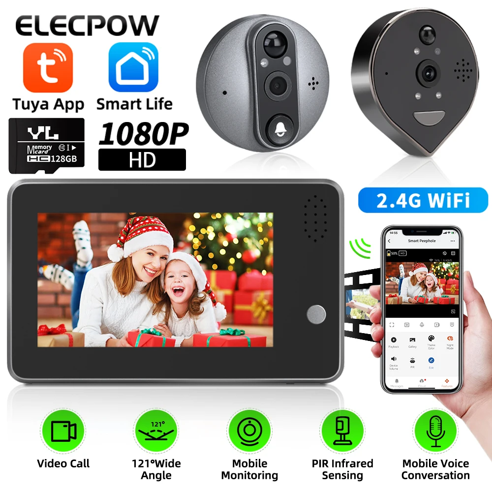 Elecpow1080PWiFiPeepholeCamera43InchSmartTuyaVideoDoorbellDigitalDoorPeepholesPIR