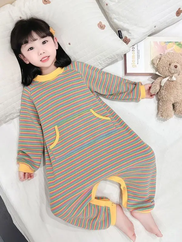 따뜻한 폴리에스터 플리스 원지 파자마, 여아용 스트라이프 디자인, 아동용 홈웨..