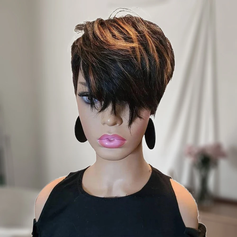 Short Pixie Cut Wig Human Hair with Bangs for Black Women 150% Density Brazilian Remy Hair Easy to Wear Short Machine Made Wig human hair wigs