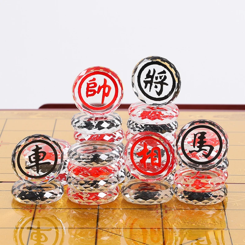 Luxury Chinese Chess Board Game Xiangqi Glass Crystal Chess Pieces with Folding Checkerboard Chessboard Puzzle Games Gifts