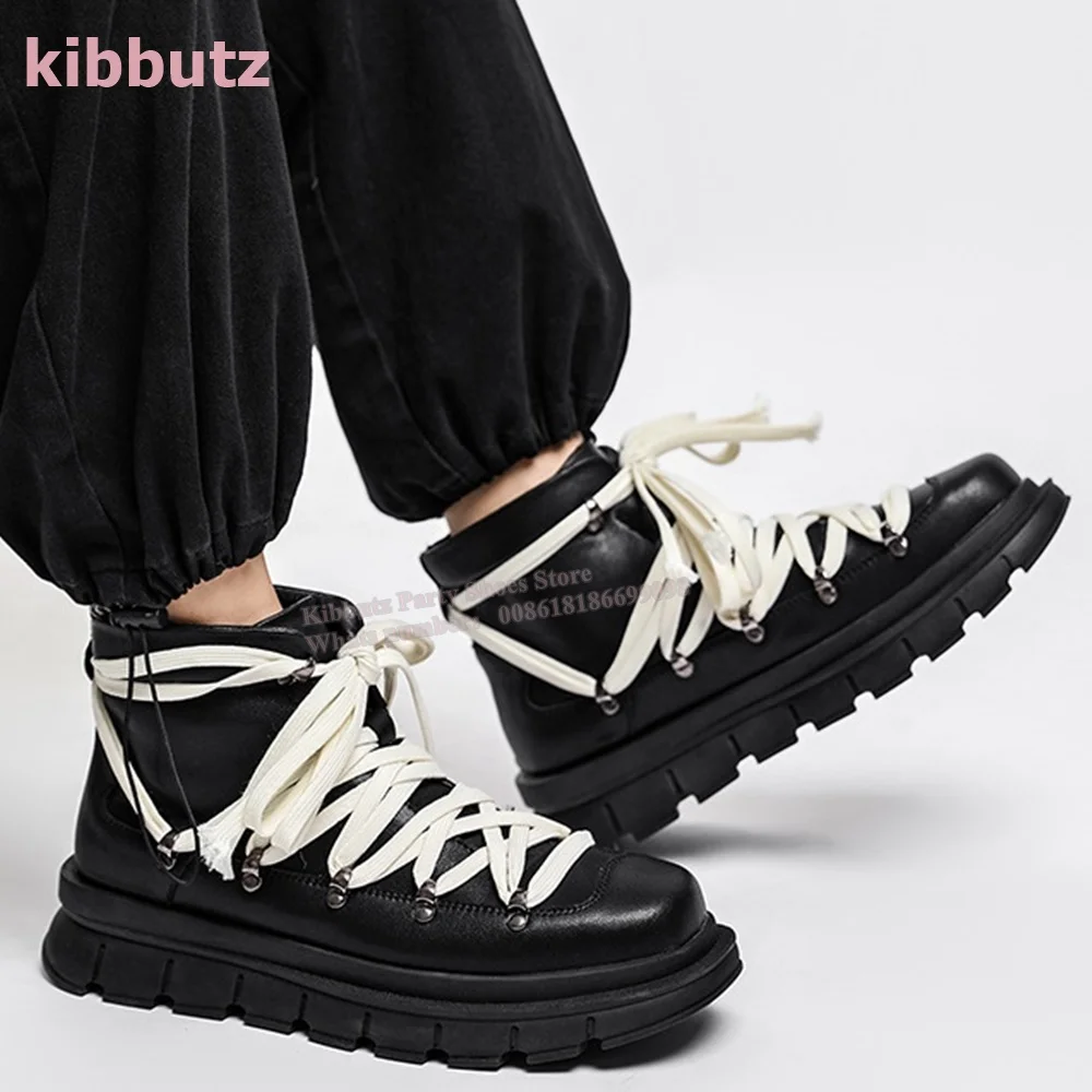 

Cross Strappy Ankle Boots Genuine Leather Round Toe Height Increasing Lace-Up Mixed Color Women Novelty Fashion Men Shoes Newest