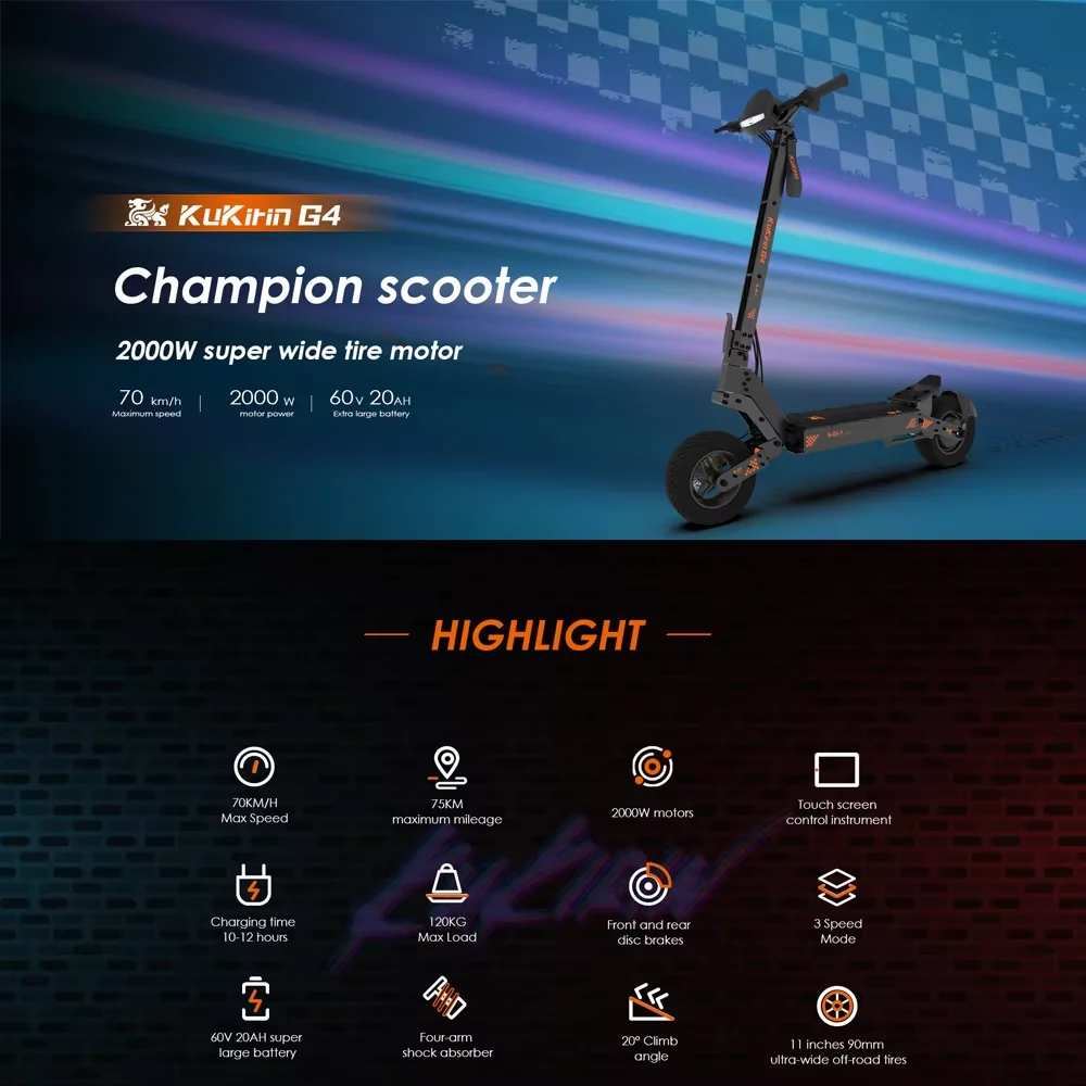 KuKirin G4 Scooter elettrico 60V 20Ah batteria 2000W motore Brushless doppio raffreddamento ruote Tubeless da 11 pollici versione fuoristrada - immagine 4