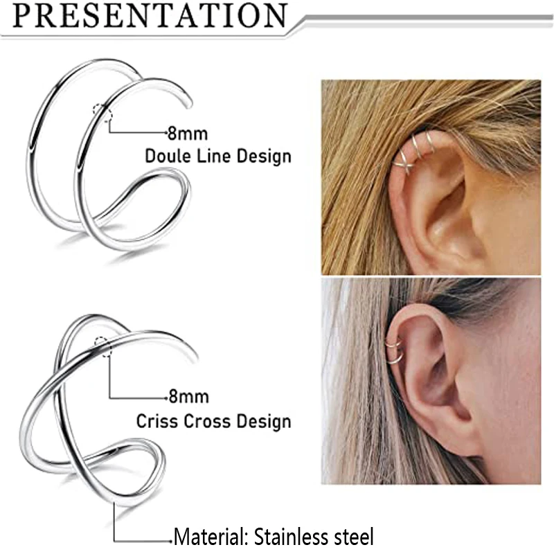 Ear Clip Earrings 4 Pcs Stainless Steel Ear Cuff Criss Cross Double Lines Non Piercing Minimalist fake Helix Earcuff Cartilage Earring ear clip earrings,clip earrings,ear clip,ear accessories