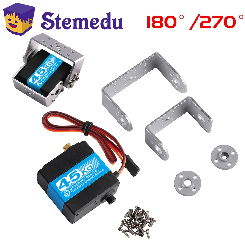 Servo 270° blanc pour voiture RC, avec engrenages métalliques visibles.