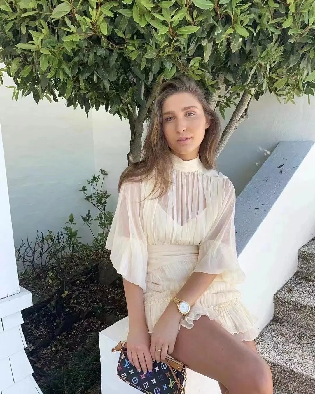 

Women Stand Collar Pleated Long Sleeve Loose Ruffles Hem Mini Dress