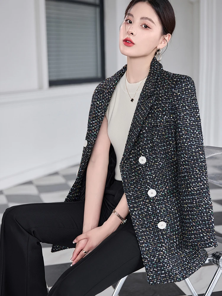 Pink Women tweed Suit Blazer 2025 Fall winter Large size