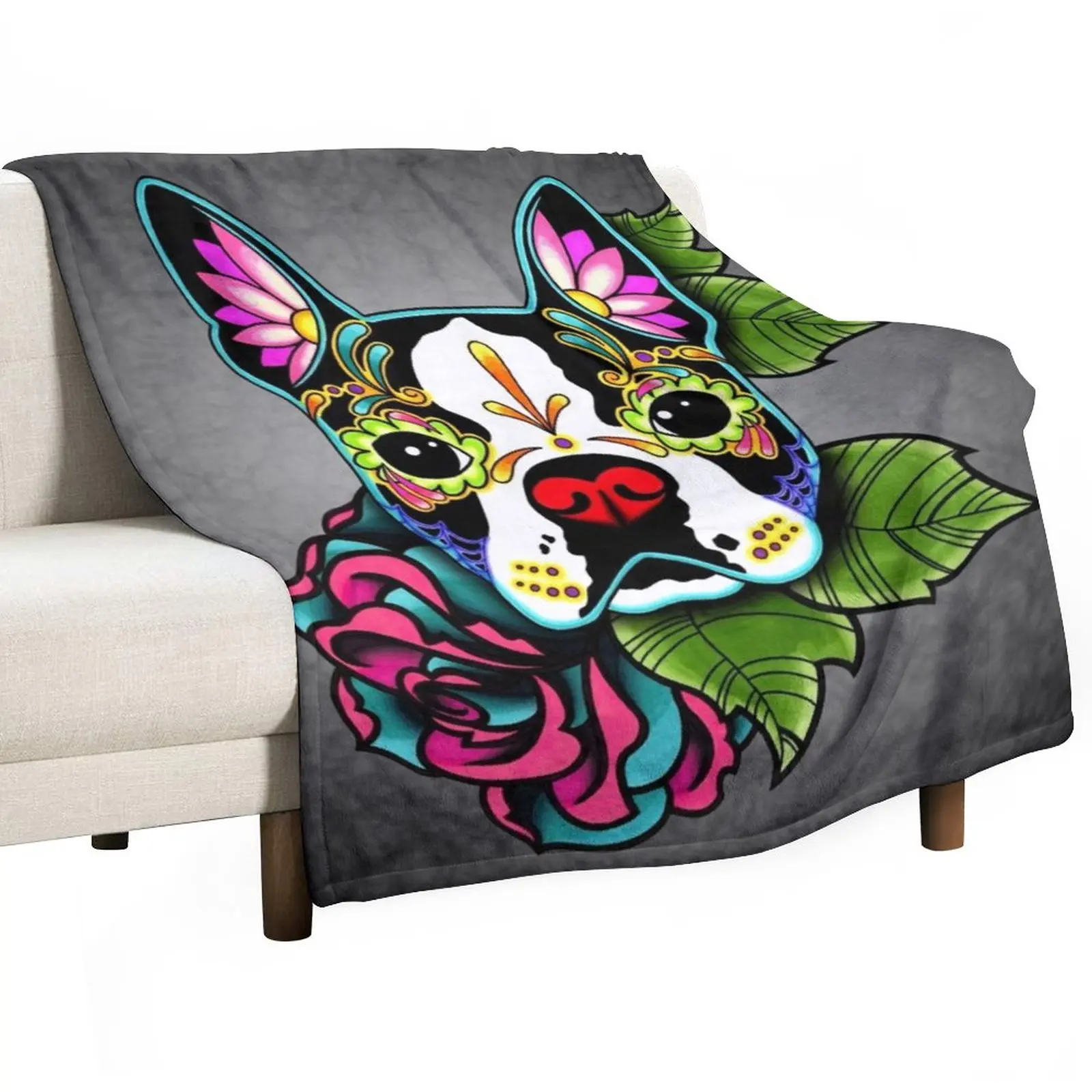 

Boston Terrier in Black - Day of the Dead Sugar Skull Dog Throw Blanket Custom Blanket Decorative Sofa Blanket bed plaid