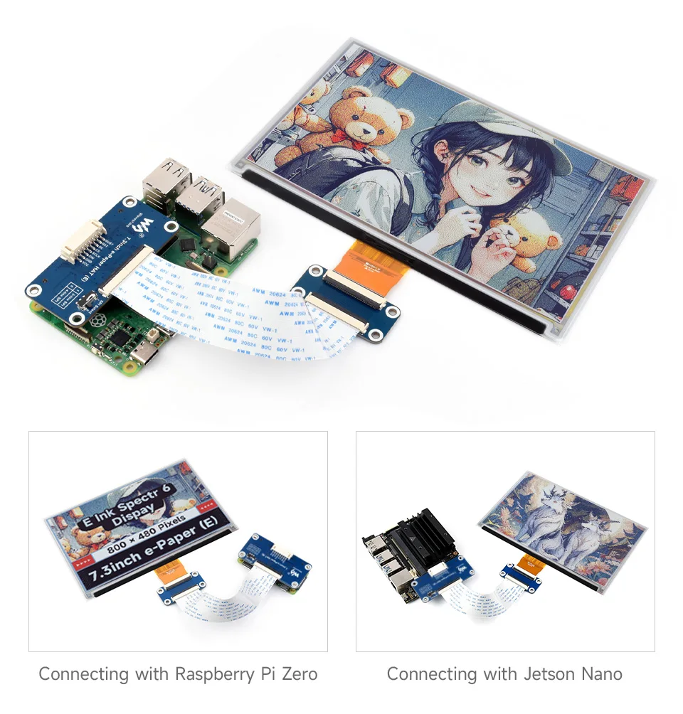 7.3inch E Ink Spectra 6 (E6) Full color E-Paper Display Module, connecting with Raspberry Pi boards and Jetson Nano