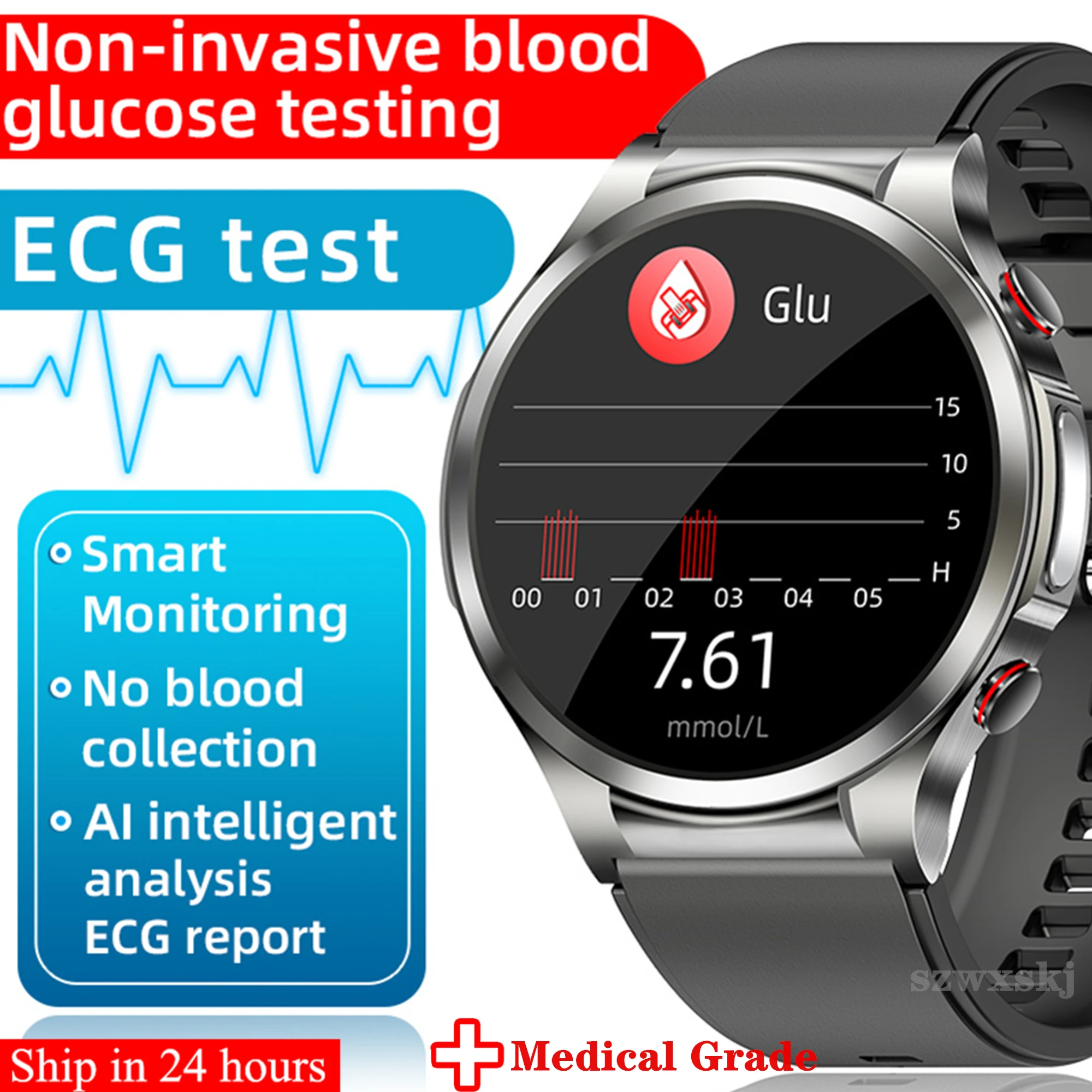 

W11 Smart Watch 1.32“ HD Heart Rate Non-invasive Blood Sugar ECG+PPG Body Temperature Heart Rate Waterproof Elderly Health Watch
