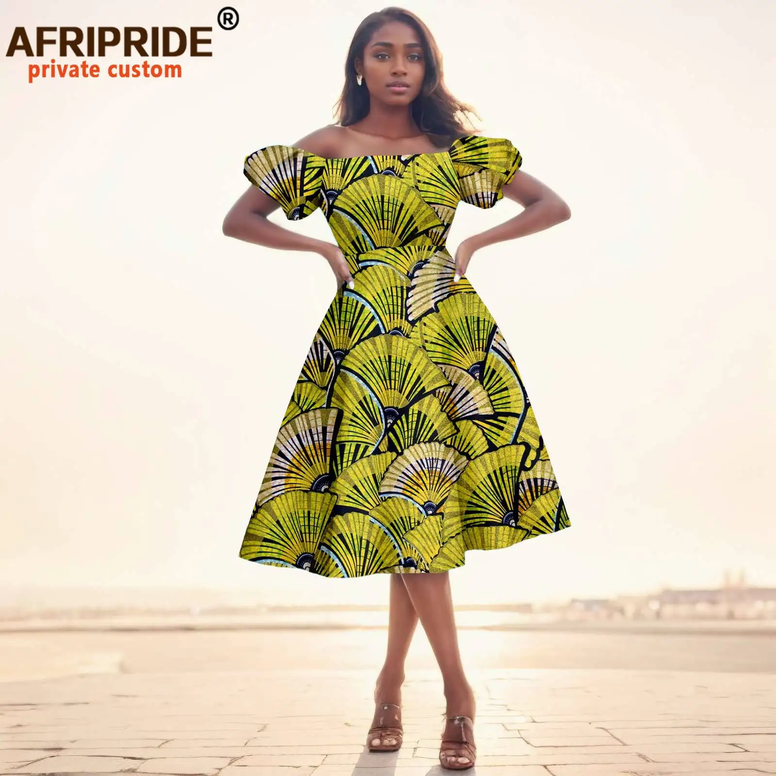 African Dresses for Women Short Sleeve High Waist Print Midi african dress