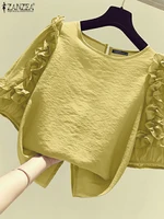 ZANZEA 2025 Summer Women Ruffled Blouse 3/4 Lantern Sleeve Tops Shirt Korean Fashion Round Neck Tunics Casual Loose Blusas Femme - Image 2
